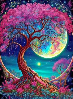 a painting of a tree with pink flowers and the moon in the sky behind it