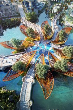 an artist's rendering of a futuristic city in the middle of trees and water