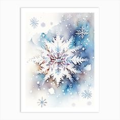 a snowflake is shown in the middle of a watercolor painting with blue and white