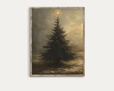 a painting of a christmas tree in the snow with a star on it's top