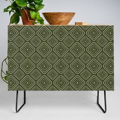 a potted plant sitting on top of a green cabinet next to a wooden bowl