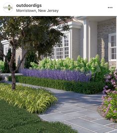 an artist's rendering of a front yard garden