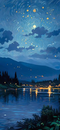 a painting of the night sky over a lake with stars and clouds in the background