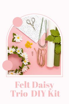 the felt daisy trio diy kit is displayed on a pink background with flowers and scissors