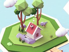 a low poly model of a small house on an island with trees and houses in the background