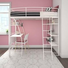 a white bunk bed sitting next to a pink wall in a room with a desk and chair