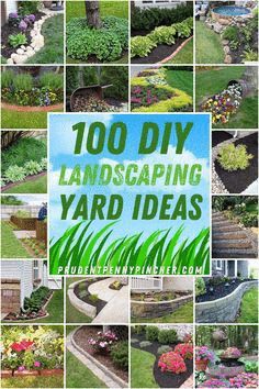 the words, 100 diy landscaping yard ideas are shown in many different pictures and sizes