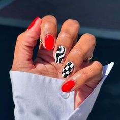 Nail Ideas Checkered, Simple Red And Black Nails, Red Nail Ideas, Short Red Nails, Western Nails, 2024 Nails, Retro Nails, Red Manicure, Vibrant Nails