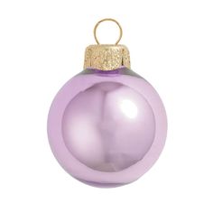 a purple christmas ornament hanging from a gold - plated metal hook on a white background