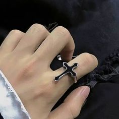 Unisex Metal Alloy Silver Tone Costume Jewelry Goth Black Cross Open Ring One Size Fits Most Metal Cross Ring Black Cross Grunge Pink Wedding Band, Coral Stone Ring, Cross Grunge, Cross Accessories, Goth Cross, Jewelry Goth, Luxury Wedding Rings, Brown Rings, Dainty Wedding Ring