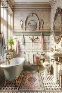 an old fashioned bathroom is decorated in pink and white