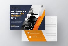 a business postcard with an orange and blue design