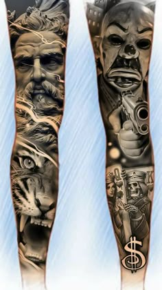 tattoos on the legs of men with different faces and symbols, including an image of a man