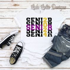 a t - shirt with the words senior and senior in multicolored letters on it