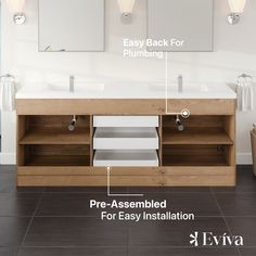 a bathroom vanity with two sinks and an easy back for plumbing instructions on the wall