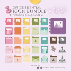 the office essential icon bundle includes icons, files and other things to do with them