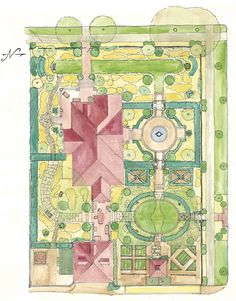 a drawing of a garden plan with lots of trees and flowers on it's sides