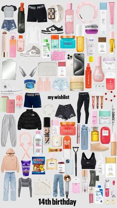 an image of a birthday card with clothes and personal items on the front, surrounded by words that read my wishlist 14th birthday