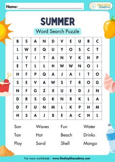 the summer word search puzzle with words and pictures to help students learn how to use it