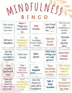 a printable mindfulness game with words and pictures on the front, in different colors