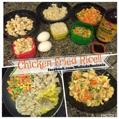 chicken fried rice with carrots, celery, and onions in black bowls