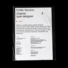 a white paper bag with black writing on the front and back side that says, emile vizzano graphic type designer &