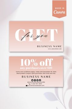 two business cards with the words gift and 10 % off on each one, in pink tones