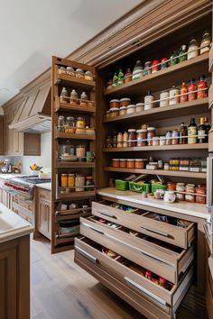 a kitchen with lots of wooden shelves filled with spices and condiments on top of them