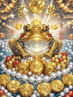 a golden frog sitting on top of some gold coins