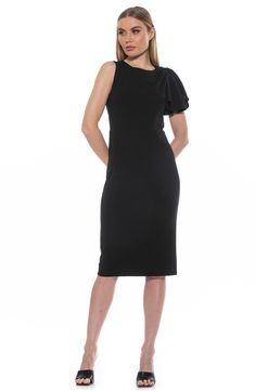 A draped sleeve cascades along a single side of this flattering sheath dress styled in a midi length. 43" length (size X-Small) Crewneck Single draped sleeve Lined 95% polyester, 5% spandex Machine wash, dry flat Imported Model stats: 5'10" height, 32" bust, 25" waist, 36" hip. Model is wearing size X-Small. Pre-draped Knee-length Evening Midi Dress, Fitted Pre-draped Sheath Midi Dress, Draped Bodycon Midi Dress For Cocktail, Formal Pre-draped Knee-length Midi Dress, Chic Draped Bodycon Midi Dress, Black One-shoulder Dress With Draped Sleeves, Black Midi Dress With Draped Sleeves For Work, Fitted Pre-draped Asymmetrical Midi Dress, Draped Bodycon Midi Dress For Evening