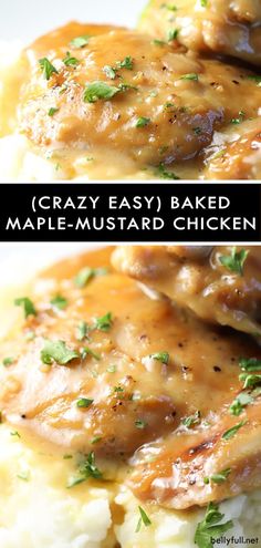 two pictures of chicken and gravy on top of mashed potatoes