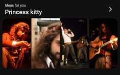 three pictures of people with guitars and one has an ad for princess kitty on it