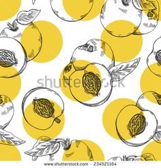 hand drawn peaches and leaves on yellow circles with white background seamless wallpaper