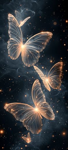 two butterflies flying through the air with stars in the background