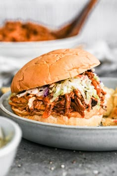 a pulled pork sandwich with cole slaw on a plate next to some potato chips