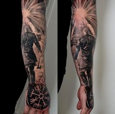 a man's arm covered in tattoos with an image of a soldier on it