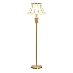 a gold floor lamp with a white shade