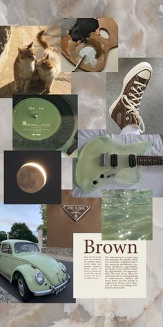 a collage of various items including an old car, guitar and other things that are on display