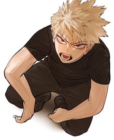 an anime character with blonde hair and black shirt crouching down in front of the camera