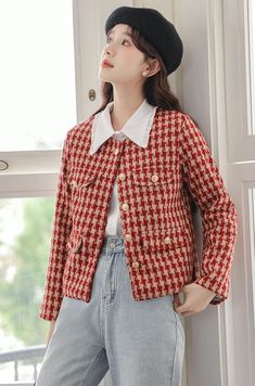 Round neck jacket made with a houndstooth tweed fabric and features stunning gold buttons and faux pockets. Lined. M: 16" across shoulders, 44.5" chest, 20.5" lengthL: 16.5" across shoulders, 46" chest, 21" lengthXL: 17" across shoulders, 47.5" chest, 21.5" length Long Sleeve Tweed Jacket For Office, Single-breasted Tweed Button-up Outerwear, Long Sleeve Tweed Jacket With Pockets For Office, Office Long Sleeve Tweed Jacket With Pockets, Winter Long Sleeve Tweed Jacket With Buttoned Pockets, Long Sleeve Tweed Jacket With Buttoned Pockets For Work, Fall Tweed Jacket With Buttoned Pockets For Work, Fall Herringbone Tweed Jacket With Suit Collar, Winter Houndstooth Blazer With Lapel Collar