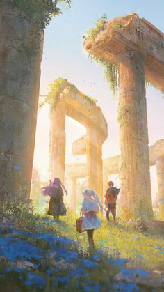 some people are standing in the grass by some ruins and pillars with flowers on them