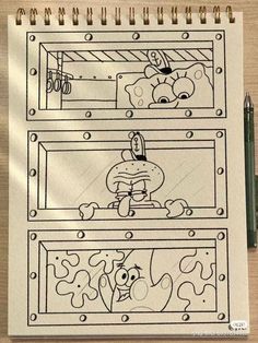 a drawing of an animal in a cage with another cartoon character behind it, on top of a notebook