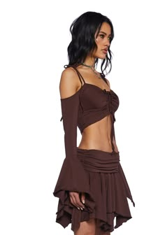 cuz you make this world magical. This top has off the shoulder sleeves, spaghetti straps with tie closures, ruching at the chest with a tie closure, a handkerchief cuff, and a cropped fit. Brown Festival Outfit, Homecoming Pins, Acl Fits, Rave Fit, Current Mood Clothing, Rave Dress, Handkerchief Top, Off The Shoulder Sleeves, Festival Inspo