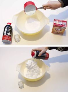 two pictures showing how to make marshmallows in a mixing bowl and then adding marshmallows