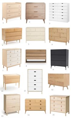 the different types of dressers and chests are shown in this image, including one with drawers