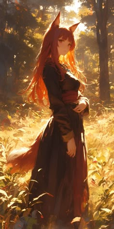 a woman with long red hair standing in the woods wearing a brown dress and cat ears