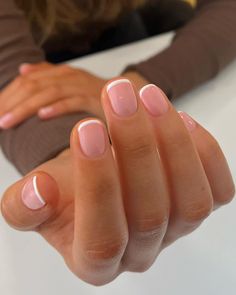 Courtney - York Nails on Instagram: “🕊🐚🤍 Pink @glossifyofficial Prep @lucypastorellitools_ Hand care @jomalonelondon @ritualscosmetics” French Tip Short Nails With Design, Extra Short French Nails, Colored French Tip Nails Short, Nails Non Acrylic, Fun Simple Nails, Micro French Tip Nails, Pink Manicure Ideas, Very Short Nails, Short Nails Design