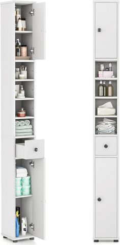 two tall white storage cabinets next to each other