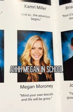 an open book with pictures of people and words on the pages that say, ahh megan in school