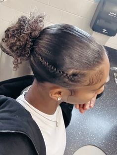 Cute Hairstyles Short Natural Hair, Natural Hairstyles Curly For Black Women, Two Puffs With Bangs, Braided Bun Hairstyles Natural Hair, Fun Hair Styles For Curly Hair, Rubber Band Slick Back Ponytail, Cute Natrul Hairstyle For Black Women, Natrul Hairstyle For Black Women Braids, Hairstyles For 4c Hair Braids